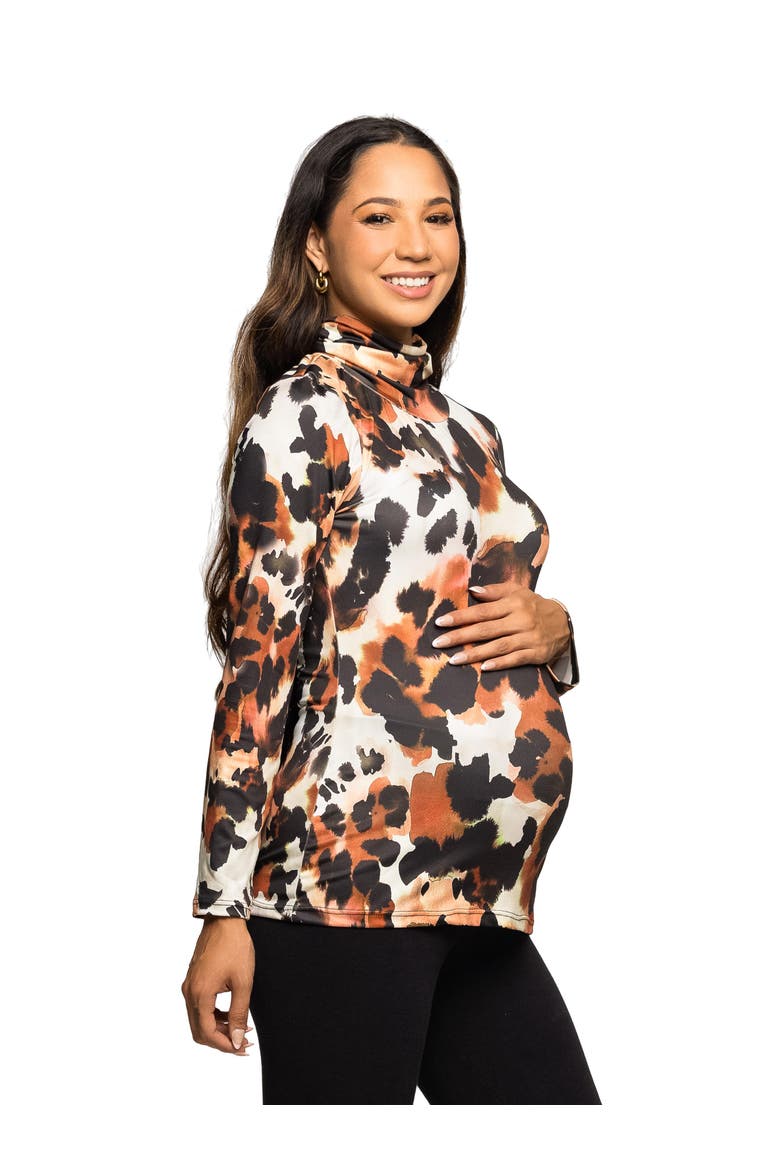 Maternity Essential Long Sleeve Animal Print Turtleneck Top, Alternate, color, Brown Multi