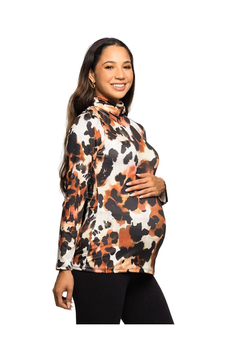 24seven Comfort Apparel Maternity Essential Long Sleeve Animal Print Turtleneck Top, Alternate, color, Brown Multi