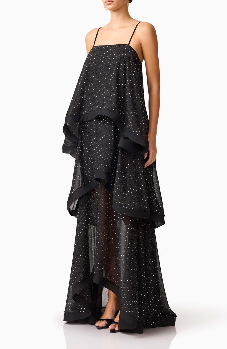 Elliatt Diamante Tiered High-Low Georgette Gown, Alternate, color, Black