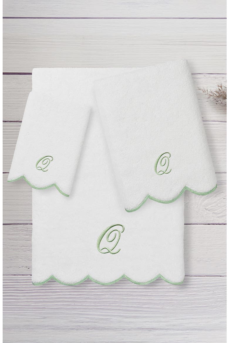 Adornia Scallop Initial 3-Piece Towel Set, Alternate, color, WHITE/ GREEN Q