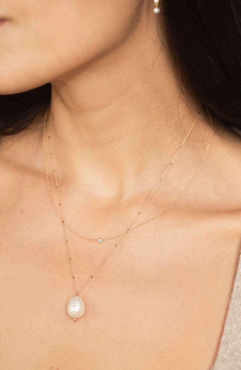 Zoë Chicco Cultured Pearl & Diamond Double Chain Pendant Necklace, Alternate, color, 14Kyg