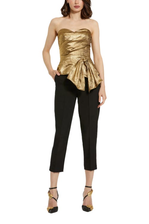 Mac Duggal Metallic Lame Strapless Wrap Top With Bow Detail In Gold
