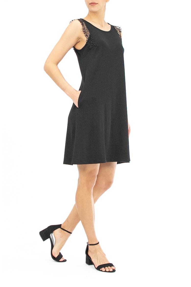 Lace Trim Sleeveless Trapeze Dress, Alternate, color, BLACK