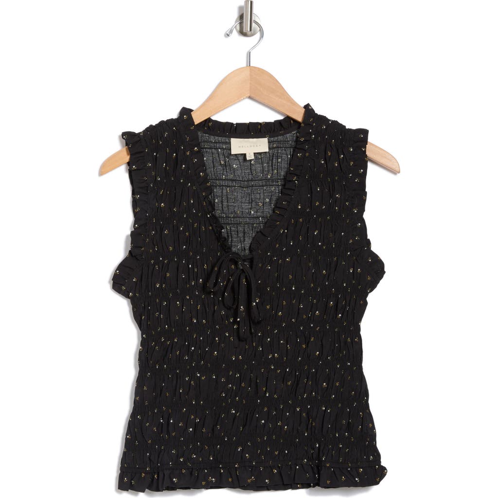 Melloday Sleeveless Smocked Top In Black Ditsy