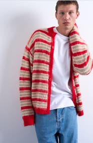 Topman Fluffy Stripe Crewneck Cardigan