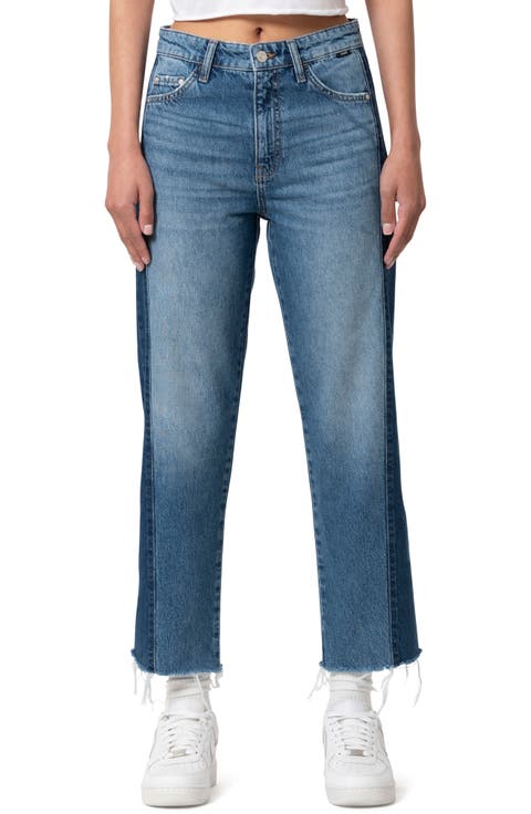 Savannah High Waist Raw Hem Crop Relaxed Straight Leg Jeans (Mix Blue)