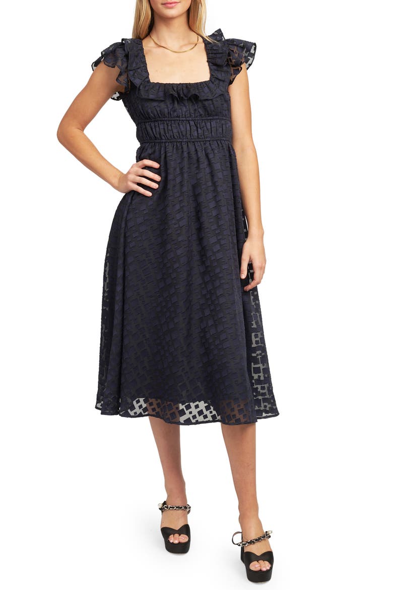 Bowie Ruffle Burnout Organza Midi Dress, Alternate, color, NAVY