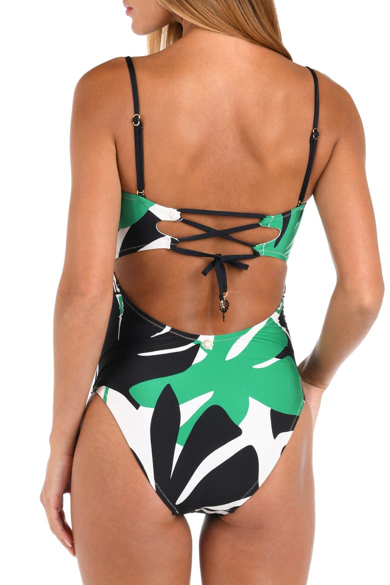 Monstera Bandeau One-Piece Swimsuit, Alternate, color, GREEN MULTI