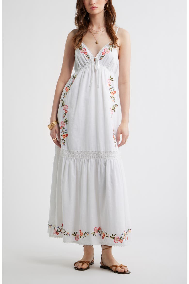 Floral Lace Trim Babydoll Maxi Dress, Main, color, WHITE MULTI EMB FLORAL