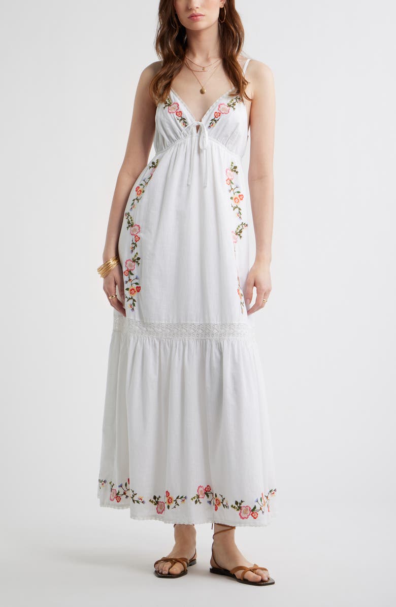 Treasure & Bond Floral Lace Trim Babydoll Maxi Dress, Main, color, White Multi Emb Floral