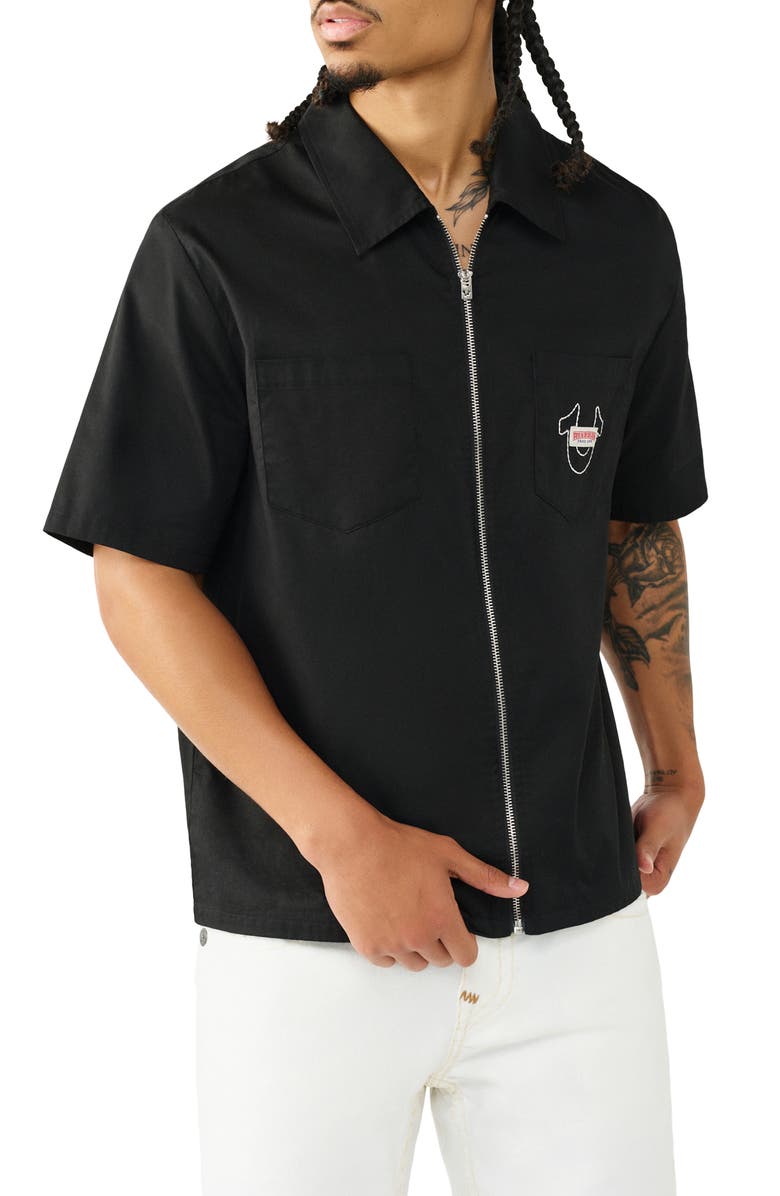 True Religion Buddha Graphic Short Sleeve Zip-Up Shirt, Main, color, Black