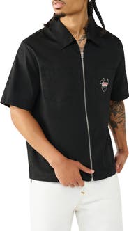 True Religion Buddha Graphic Short Sleeve Zip-Up Shirt