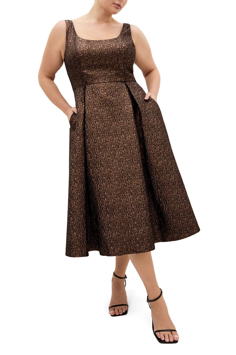Rosella Jacquard Fit & Flare Midi Dress, Main, color, METALLIC BRONZE