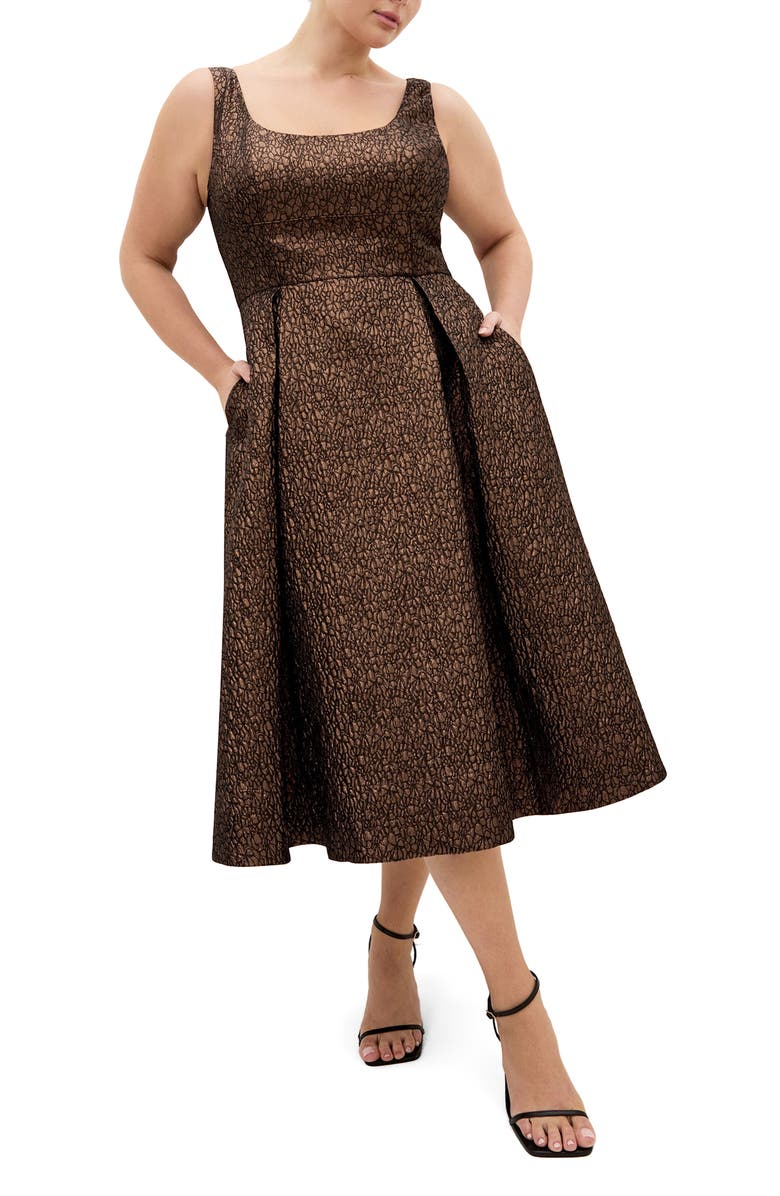 City Chic Rosella Jacquard Fit & Flare Midi Dress, Main, color, Metallic Bronze