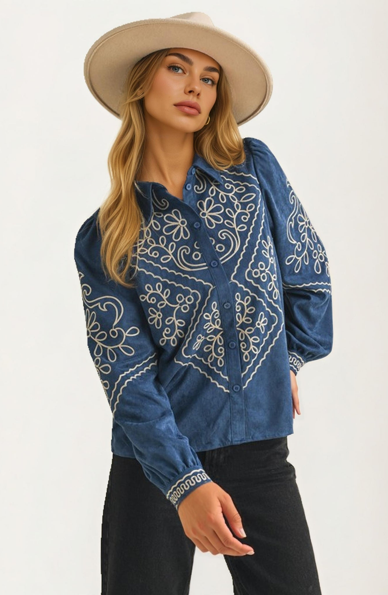 Knit and Lounge Embroidered Denim Button-Down Blouse, Alternate, color, 