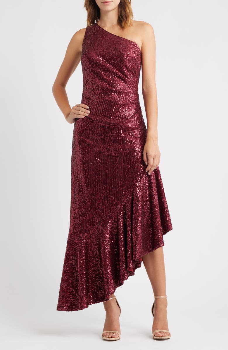 Eliza J Sequin One-Shoulder Midi Cocktail Dress, Main, color, Wine