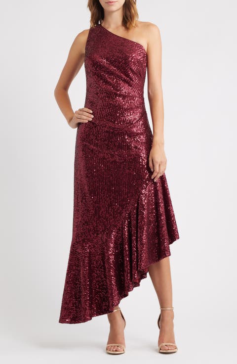 Sequin One-Shoulder Midi Cocktail Dress