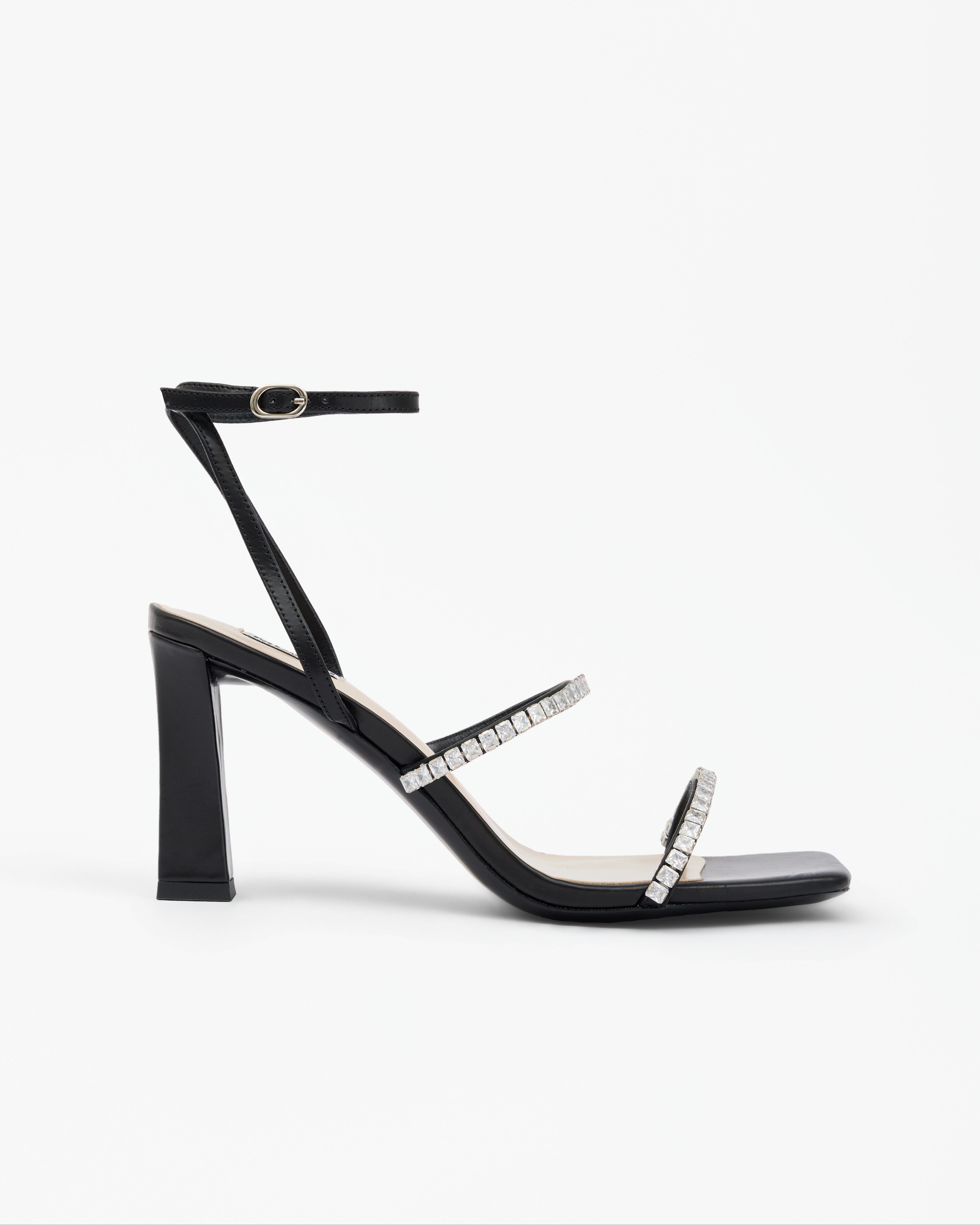 MI/MAI Nidal Rhinestone Detail Heeled Sandals, Main, color, Black