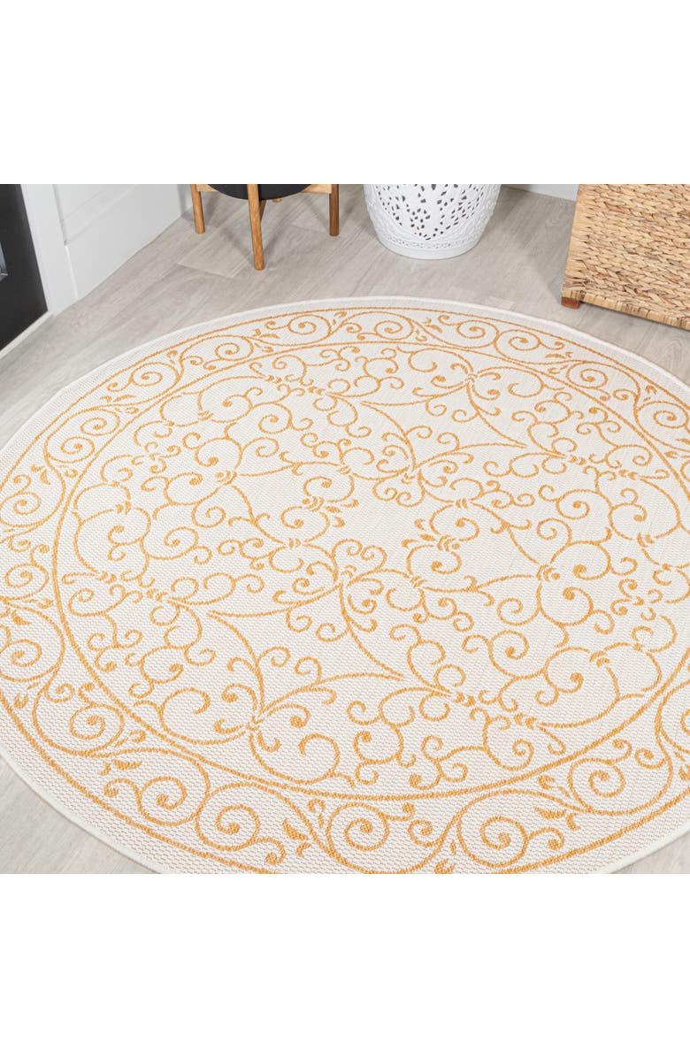 JONATHAN Y Charleston Vintage Filigree Textured Weave Indoor/Outdoor Round Area Rug, Main, color, Cream/Yellow