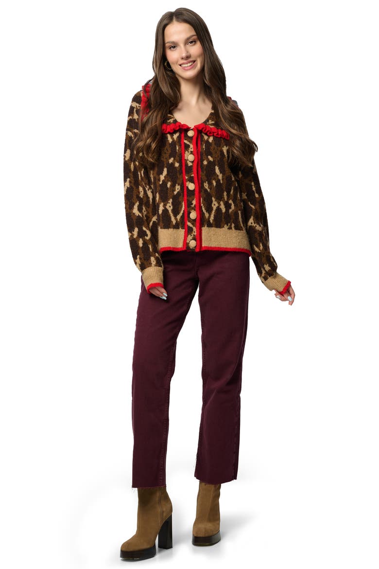 Ruffle Collar Leopard Cardigan, Alternate, color, BROWN