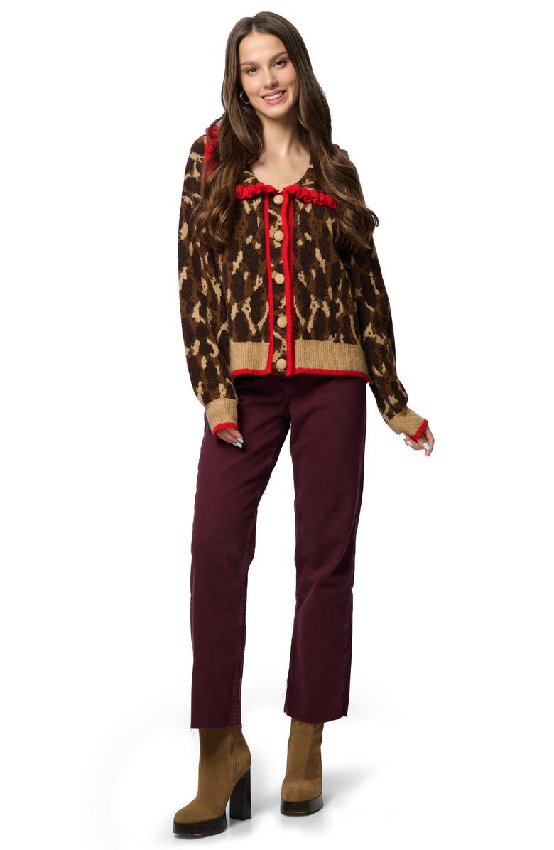 SAACHI Ruffle Collar Leopard Cardigan, Alternate, color, Brown