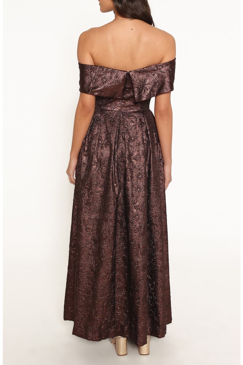 Aberdine Off the Shoulder Maxi Dress, Alternate, color, BROWN BROCADE