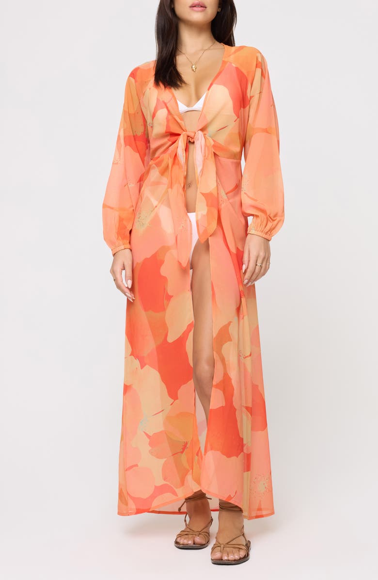 LSPACE Anna Floral Tie Front Maxi Cover-Up Dress, Main, color, Native Poppies