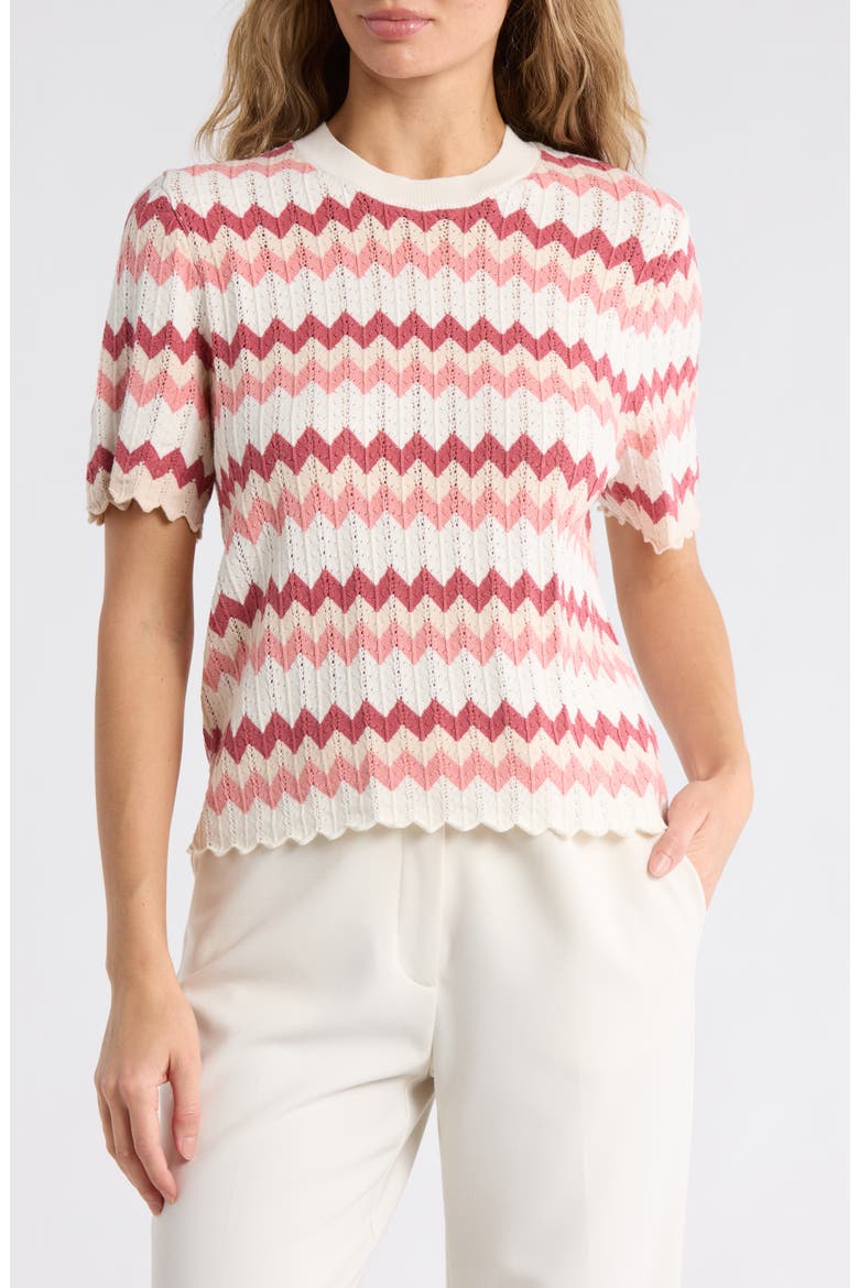 Zigzag Short Sleeve Pointelle Sweater, Main, color, SWEET ROSE CHEVRON