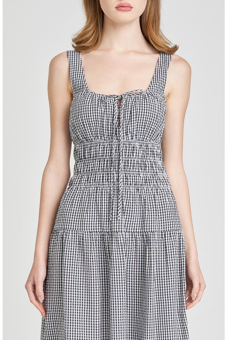x Styled by COCO! Nina Smock Waist Seersucker Midi Dress, Alternate, color, BLACK SEERSUCKER