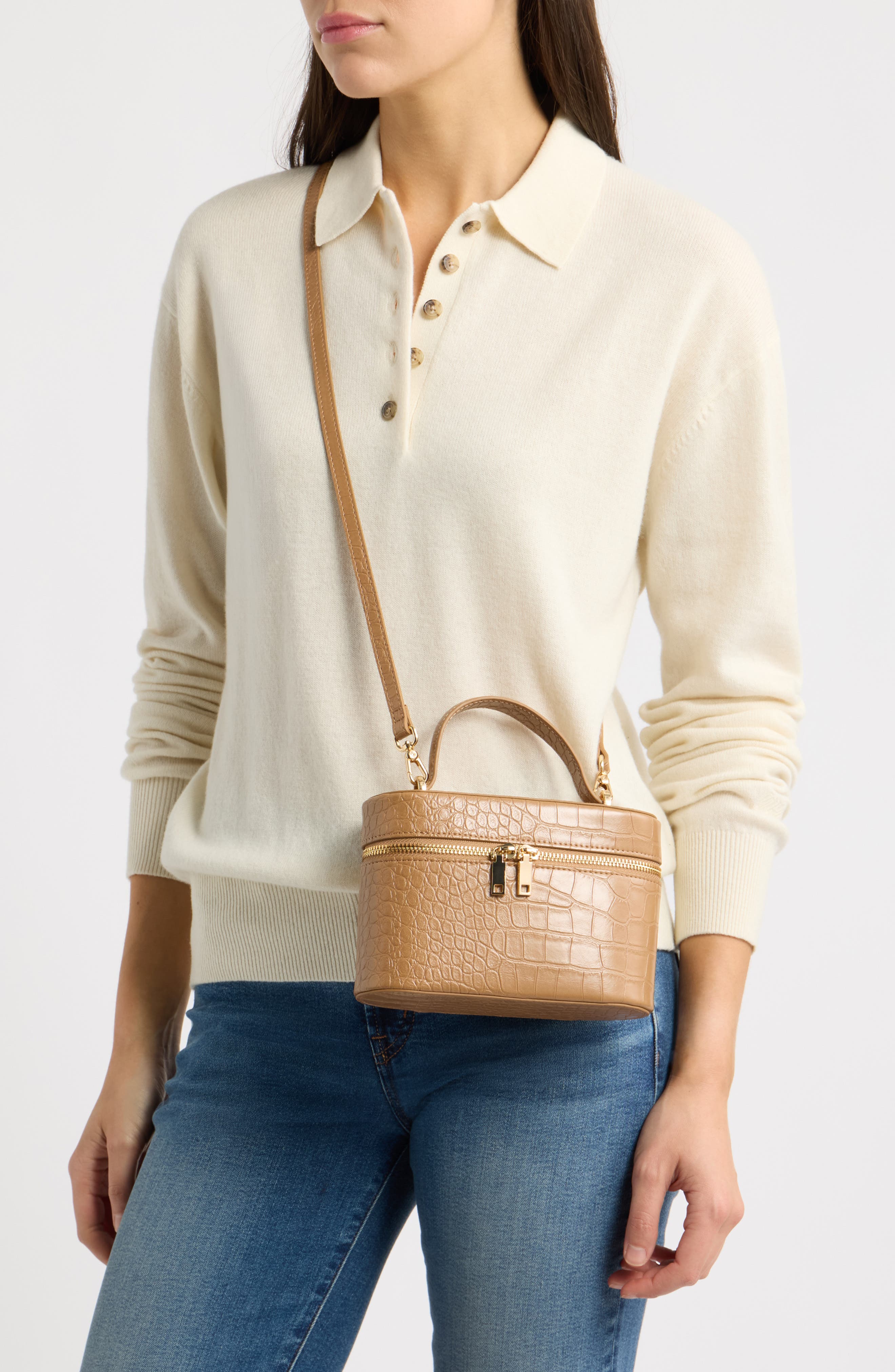 Camelia Croc Embossed Faux Leather Crossbody Bag, Alternate, color, MEDIUM BROWN