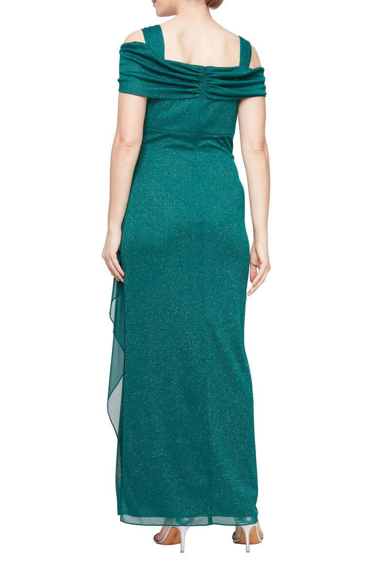 Cold Shoulder Ruffle Glitter Chiffon Gown, Alternate, color, EMERALD GREEN