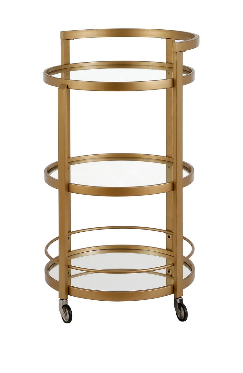ADDISON AND LANE Hause Round Brass Finish Bar Cart with Mirrored Shelf, Alternate, color,