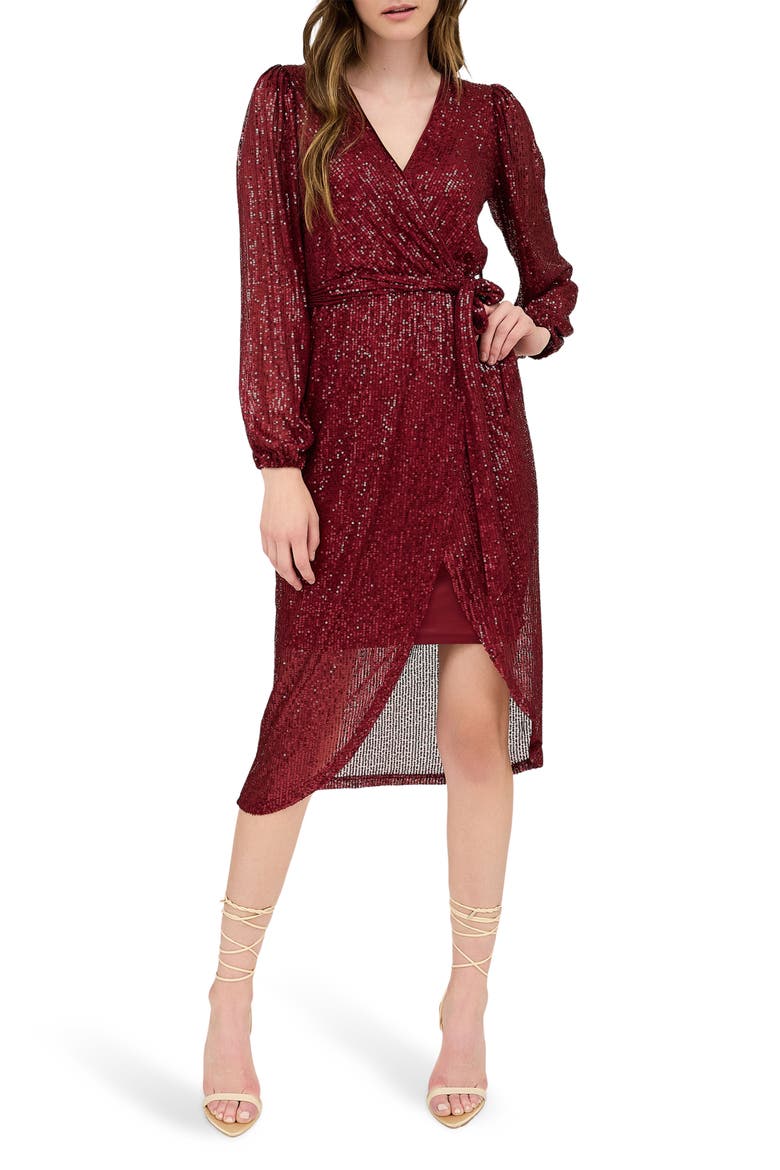 Sequin Long Sleeve Dress, Main, color, BURGUNDY