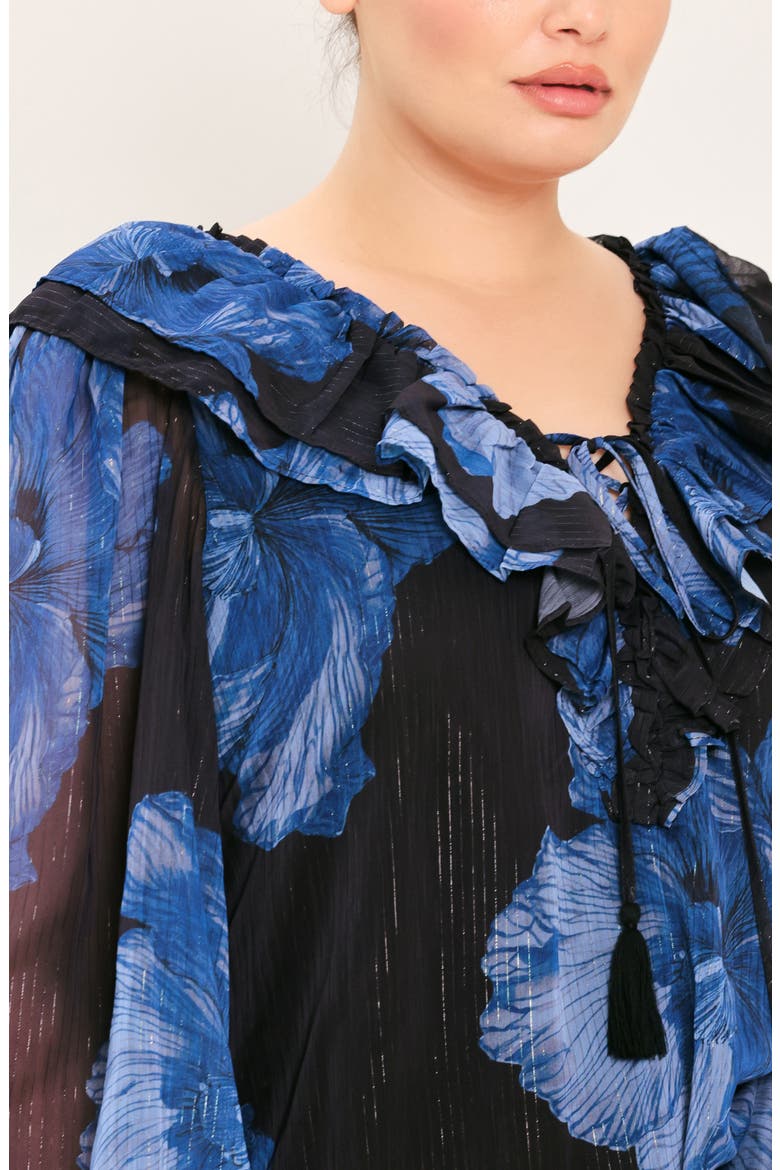 Ruffle Floral Print Balloon Sleeve Top, Alternate, color, BLACK / BLUE