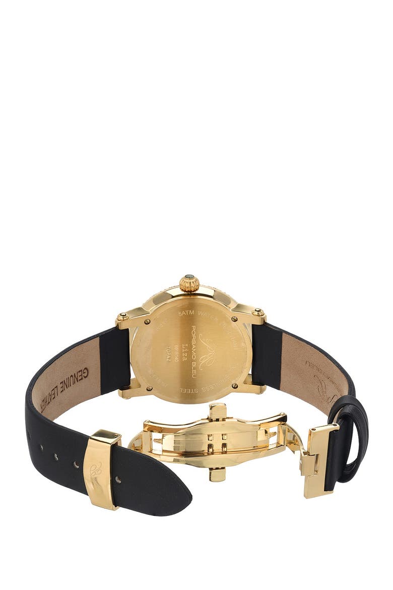 Liza Automatic Silk Covered Leather Strap Watch, 38mm, Alternate, color, BLACK-GOLD