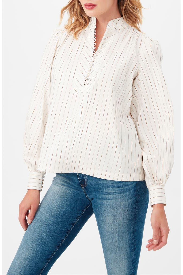 Sisi Stripe Long Sleeve Silk & Cotton Blend Shirt, Alternate, color, WHITE/ CAMEL