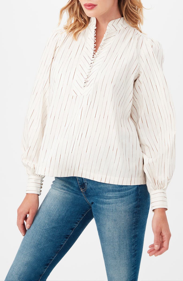 Trina Turk Sisi Stripe Long Sleeve Silk & Cotton Blend Shirt, Alternate, color, White/ Camel
