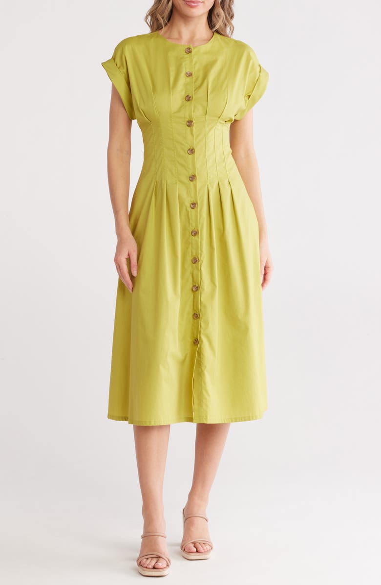 Calvin Klein Short Sleeve Button Front Cotton Blend Midi Dress, Main, color,