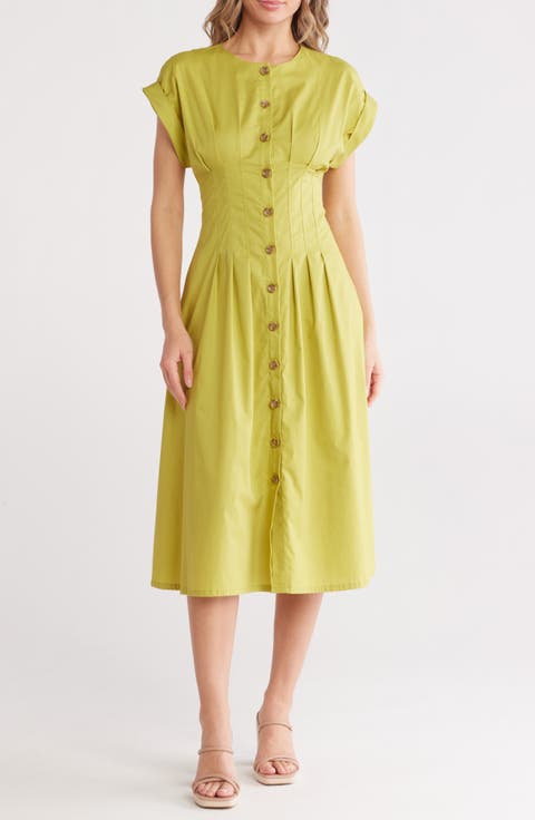 Short Sleeve Button Front Cotton Blend Midi Dress