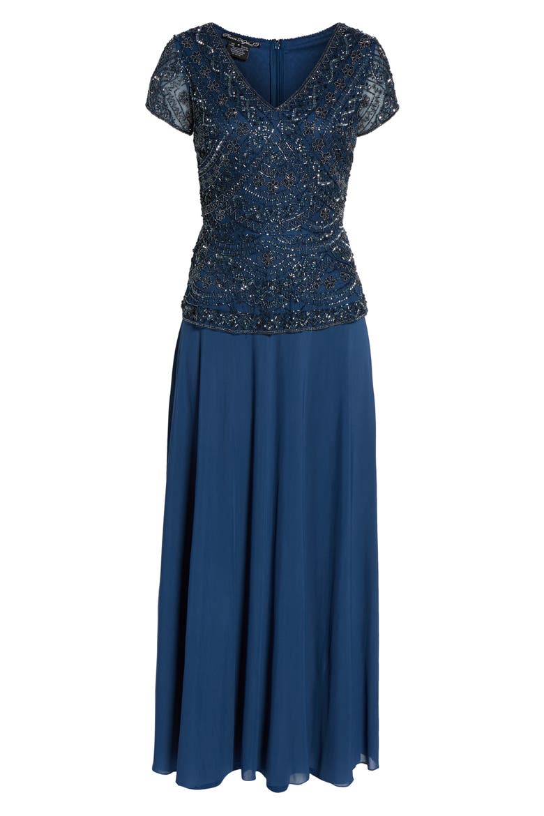 Beaded V-Neck Mock Two-Piece Gown, Alternate, color, PETROL