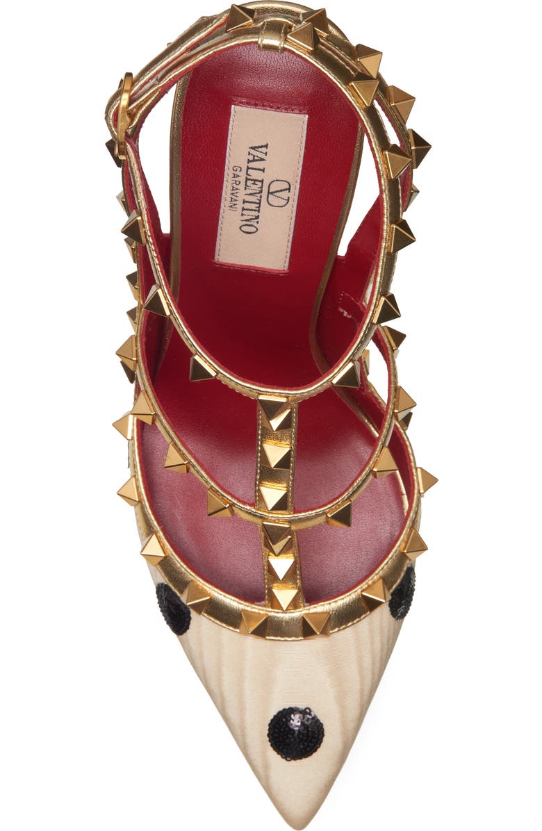 Valentino Garavani Rockstud Sequin Polka Dot Satin Ankle Strap Pump, Alternate, color, Butter/ Black