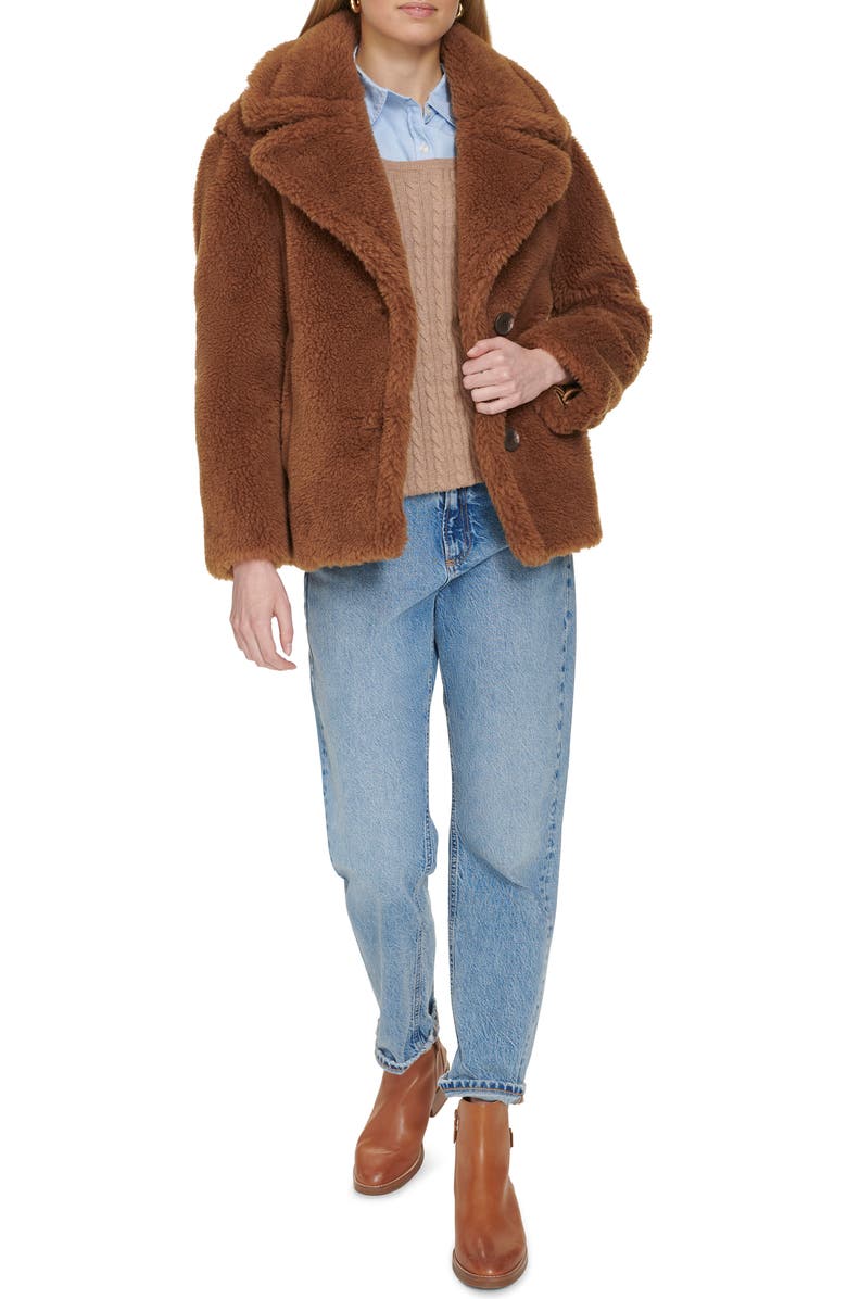 Cole Haan Teddy Wool Blend Faux Fur Jacket, Alternate, color, Toffee
