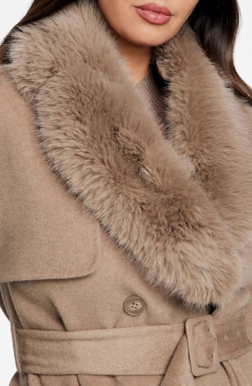 Marciano Ella Faux Fur Collar Double Breasted Coat In Brown