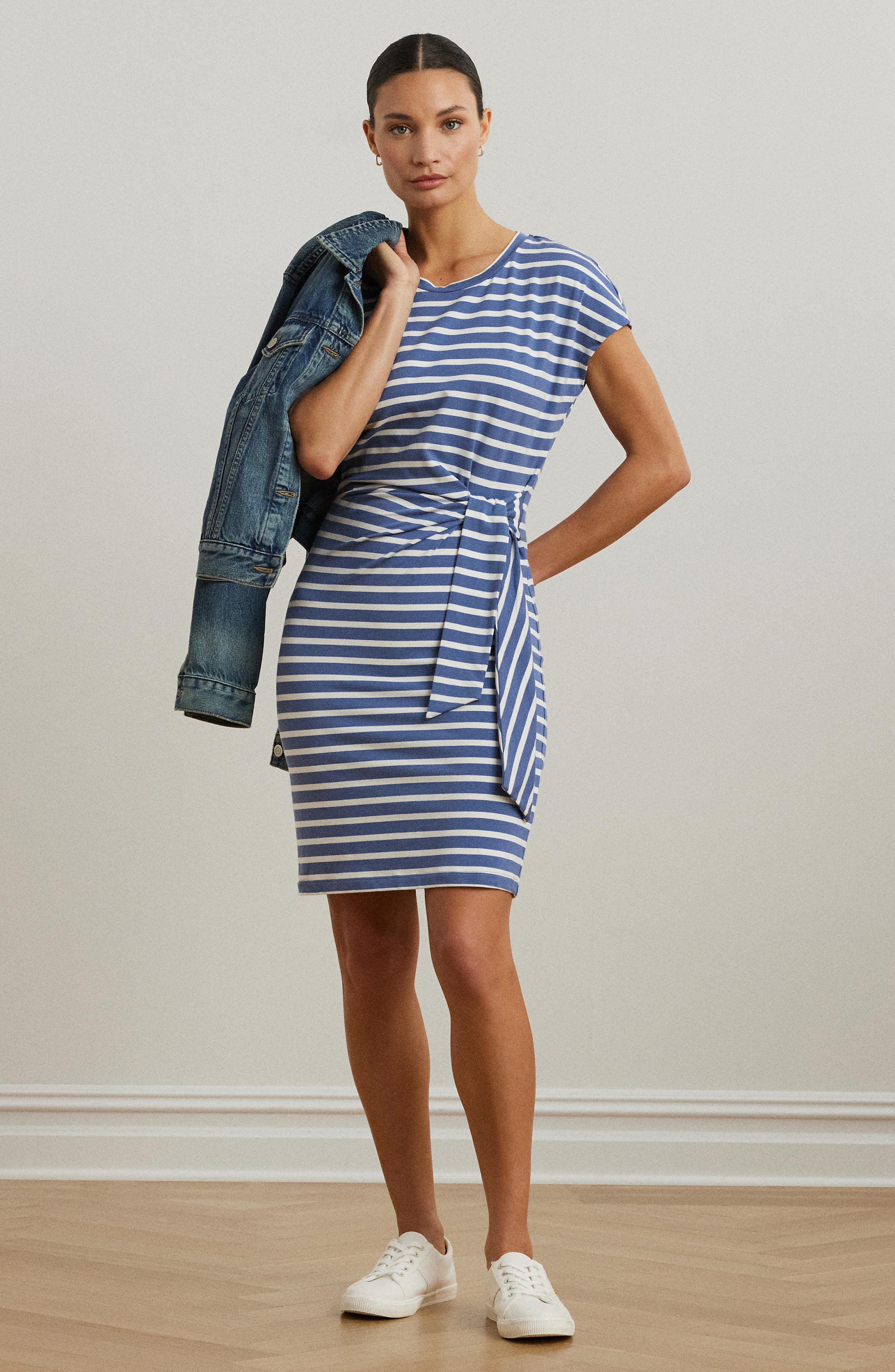 Lauren Ralph Lauren Stripe Tie Front Cotton Blend Jersey Dress (Women)