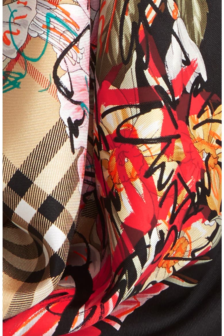 Floral Scribble Square Silk Scarf, Alternate, color, BLACK