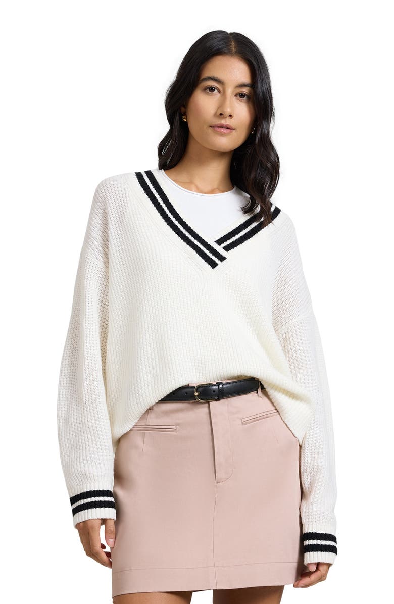 Onia Deep V-neck Varsity Pullover Sweater, Alternate, color, Off White/Black