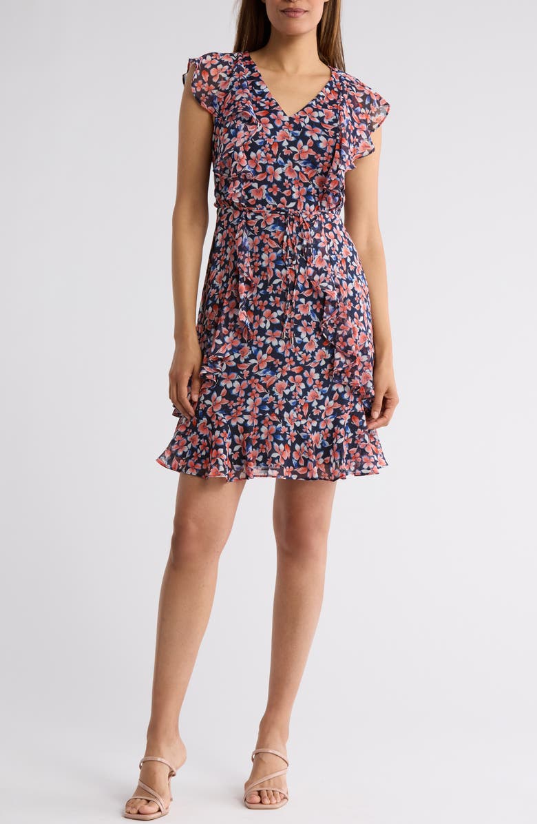 Tommy Hilfiger Floral Flutter Sleeve Chiffon Fit & Flare Dress, Main, color,