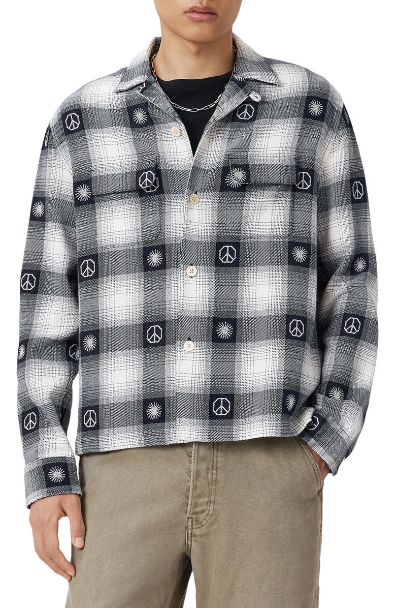 AllSaints Castor Embroidered Plaid Long Sleeve Camp Shirt, Main, color, Peacoat Blue