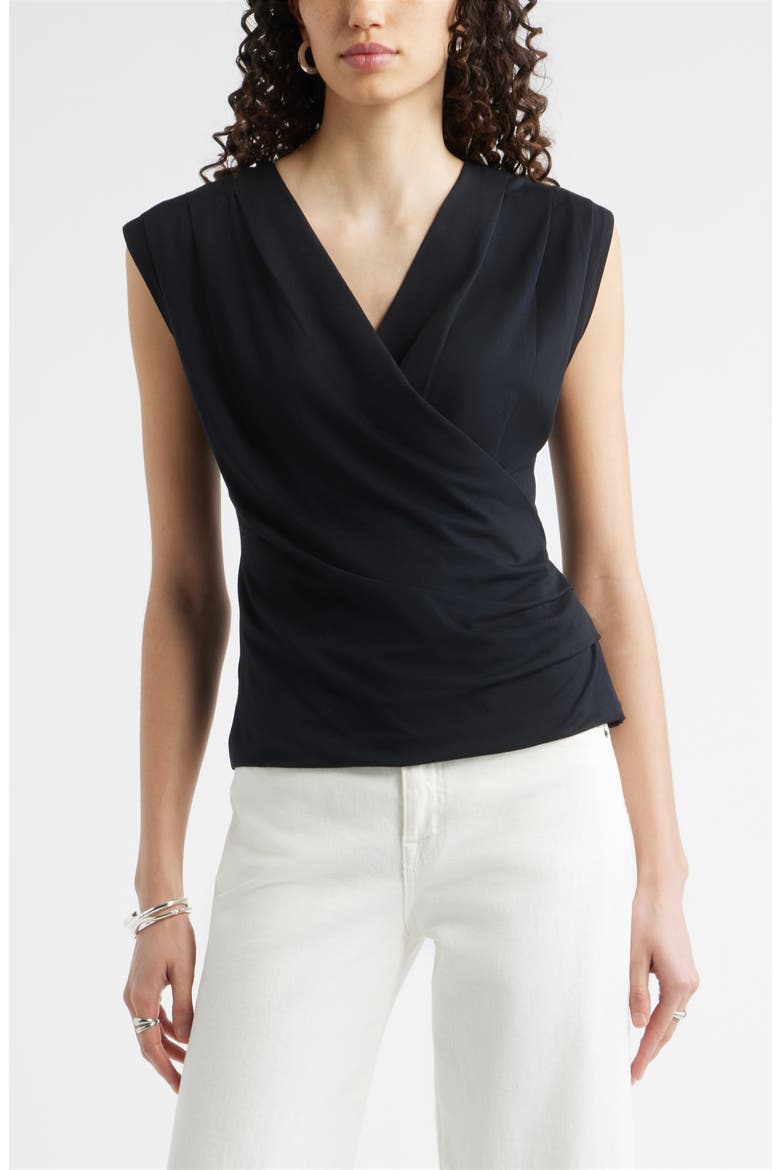 Pleated Faux Wrap Cap Sleeve Top, Main, color, BLACK