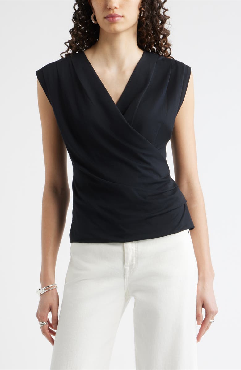 Nordstrom Pleated Faux Wrap Cap Sleeve Top, Main, color, Black